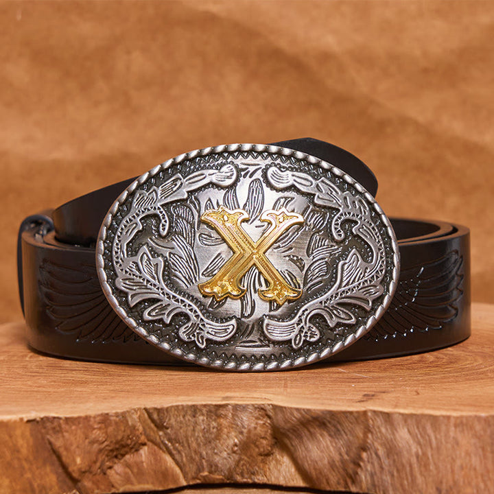 Ceinture en cuir pour homme, style vintage, argentée, ovale, avec boucle en lettres dorées sculptées. - X - Ceinture en cuir PU noir (40) - image 2