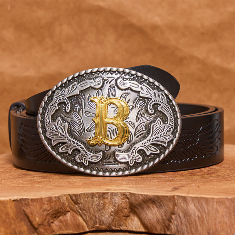 Ceinture en cuir pour homme, style vintage, argentée, ovale, avec boucle en lettres dorées sculptées. - B - Ceinture en cuir PU noir (40) - image 6