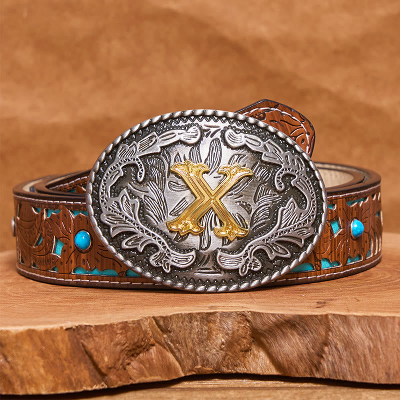 Ceinture en cuir pour homme, style vintage, argentée, ovale, avec boucle en lettres dorées sculptées. - X - Ceinture turquoise sculptée (40) - image 3