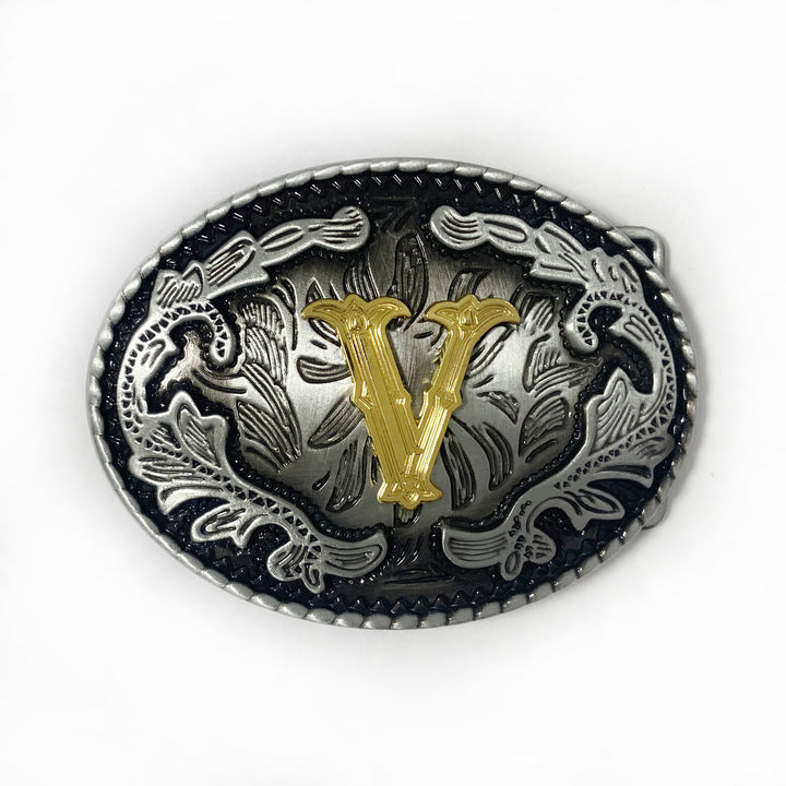 Ceinture en cuir pour homme, style vintage, argentée, ovale, avec boucle en lettres dorées sculptées. - V - Sans ceinture - image 30
