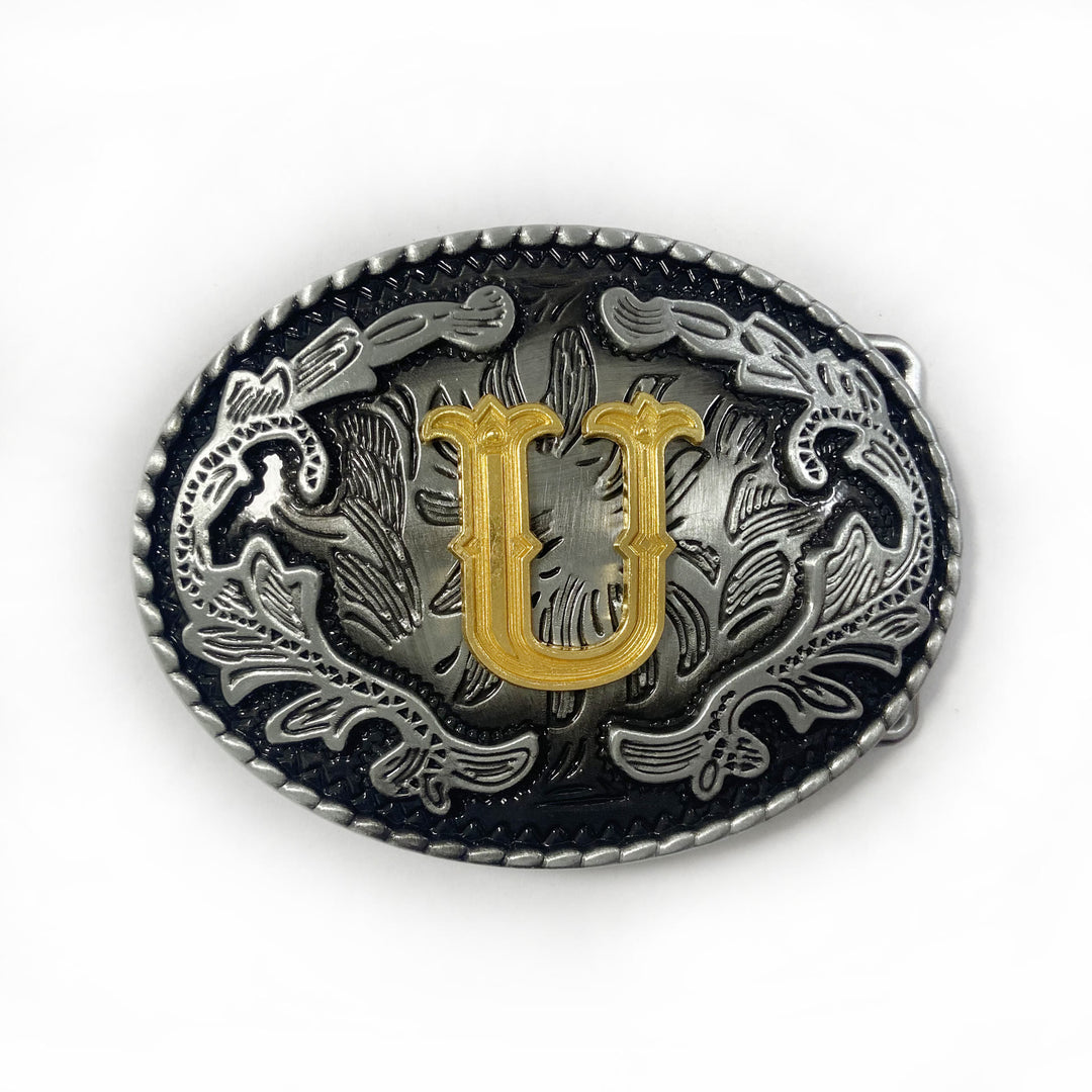 Ceinture en cuir pour homme, style vintage, argentée, ovale, avec boucle en lettres dorées sculptées. - U - Sans ceinture - image 29