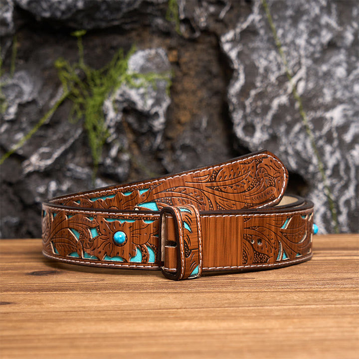 Ceinture en cuir pour homme, argentée, noire, ovale, avec boucle dorée. - Z - Ceinture turquoise sculptée (40) - image 9