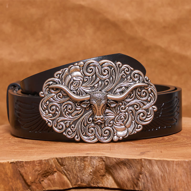 Ceinture en cuir pour homme avec boucle en cuir sculptée à motif floral et tête de taureau - Argent - Ceinture noire à motif aigle en relief - 42 - image 2