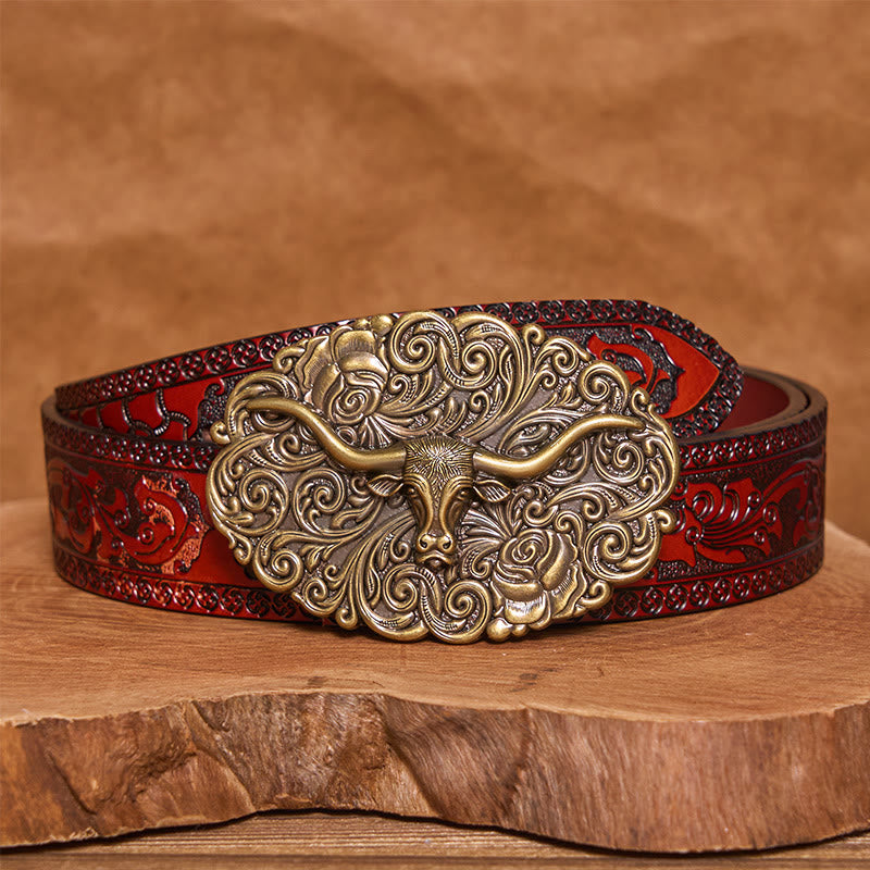 Ceinture en cuir pour homme avec boucle en cuir sculptée à motif floral et tête de taureau - Bronze - Ceinture sculptée marron - 42 - image 14