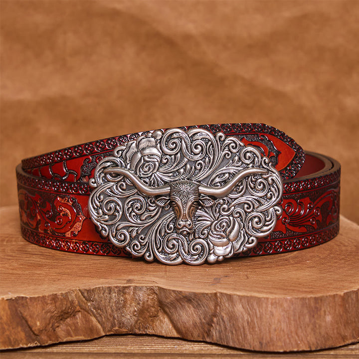 Ceinture en cuir pour homme avec boucle en cuir sculptée à motif floral et tête de taureau - Argent - Ceinture sculptée marron - 42 - image 6