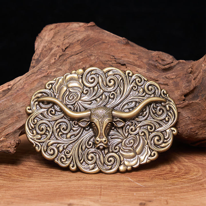 Ceinture en cuir pour homme avec boucle en cuir sculptée à motif floral et tête de taureau - Bronze - Sans ceinture - Ceinture non incluse - image 8