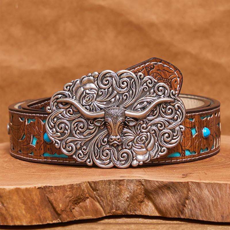 Ceinture en cuir pour homme avec boucle en cuir sculptée à motif floral et tête de taureau - Argent - Ceinture turquoise sculptée - 42 - image 3