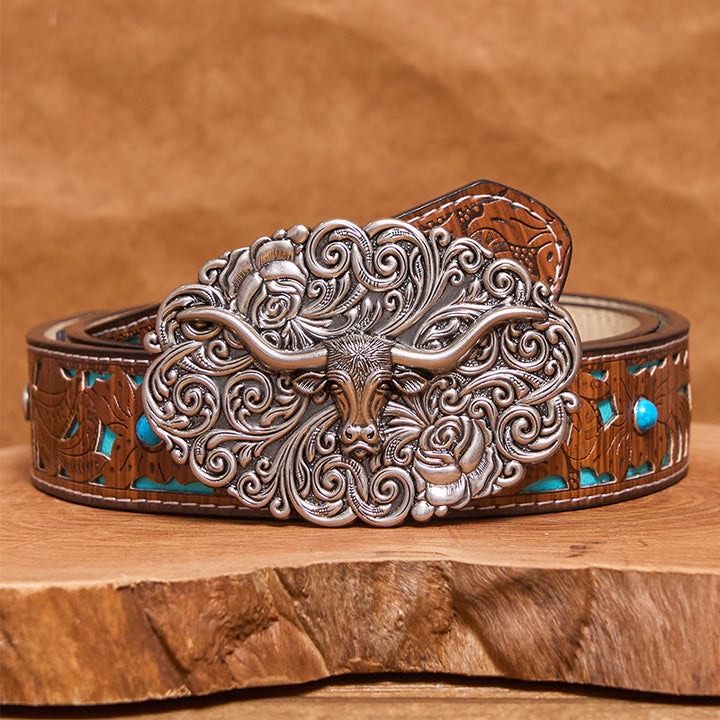 Ceinture en cuir pour homme avec boucle en cuir sculptée à motif floral et tête de taureau - Argent - Ceinture turquoise sculptée - 42 - image 3
