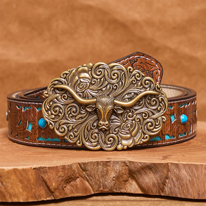 Ceinture en cuir pour homme avec boucle en cuir sculptée à motif floral et tête de taureau - Bronze - Ceinture turquoise sculptée - 42 - image 11