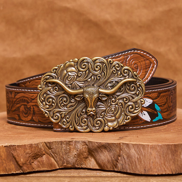 Ceinture en cuir pour homme avec boucle en cuir sculptée à motif floral et tête de taureau - Bronze - Ceinture de plumes brunes - 40 - image 15