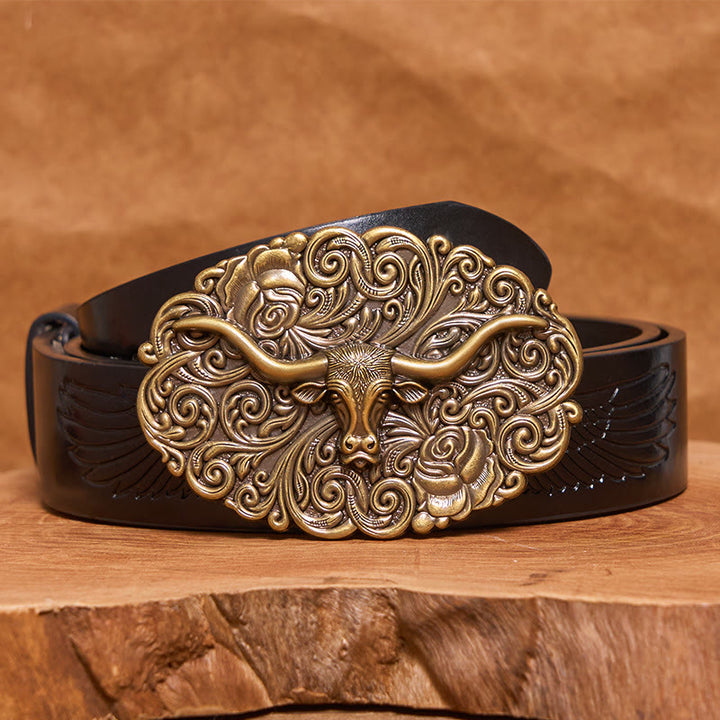 Ceinture en cuir pour homme avec boucle en cuir sculptée à motif floral et tête de taureau - Bronze - Ceinture noire à motif aigle en relief - 42 - image 10