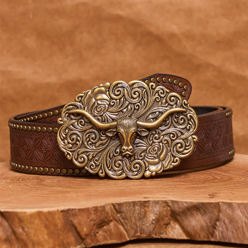 Ceinture en cuir pour homme avec boucle en cuir sculptée à motif floral et tête de taureau - Bronze - Ceinture à rivets marron - 42 - image 12