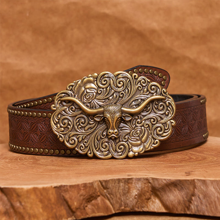 Ceinture en cuir pour homme avec boucle en cuir sculptée à motif floral et tête de taureau - Bronze - Ceinture à rivets marron - 42 - image 12