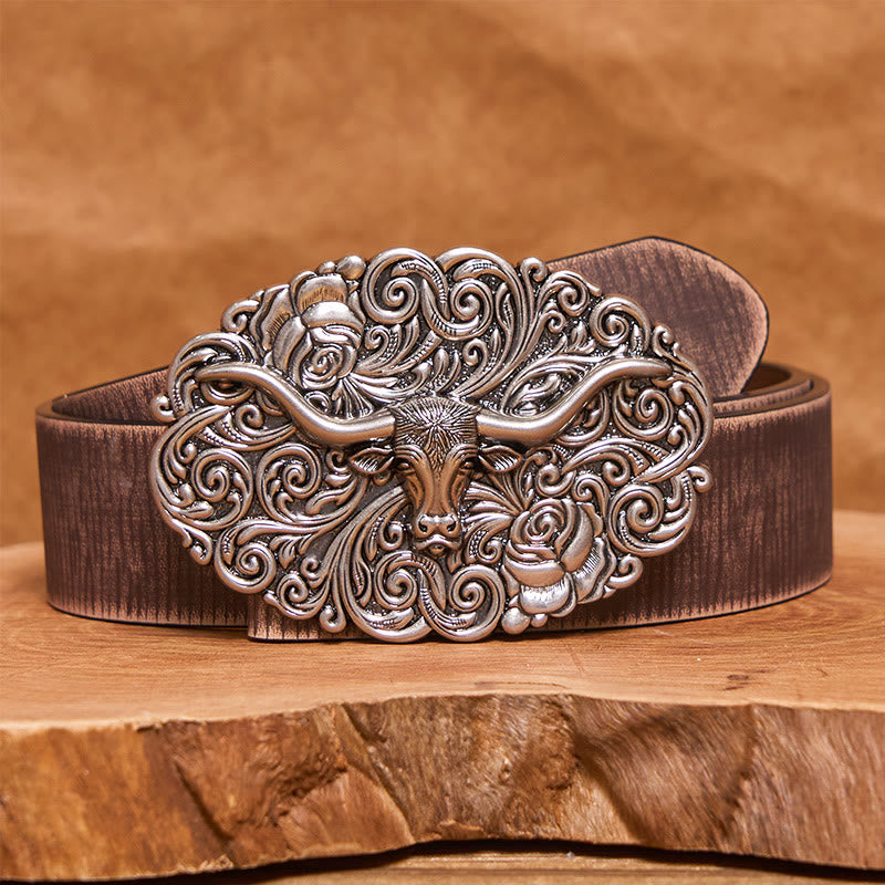 Ceinture en cuir pour homme avec boucle en cuir sculptée à motif floral et tête de taureau - Argent - Ceinture marron vieillie - 42 - image 5
