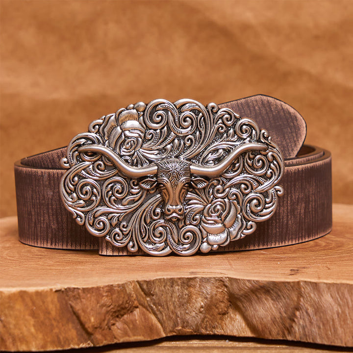 Ceinture en cuir pour homme avec boucle en cuir sculptée à motif floral et tête de taureau - Argent - Ceinture marron vieillie - 42 - image 5