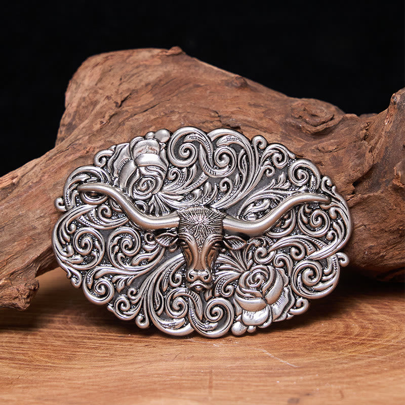 Ceinture en cuir pour homme avec boucle en cuir sculptée à motif floral et tête de taureau - Argent - Sans ceinture - Ceinture non incluse - image 0