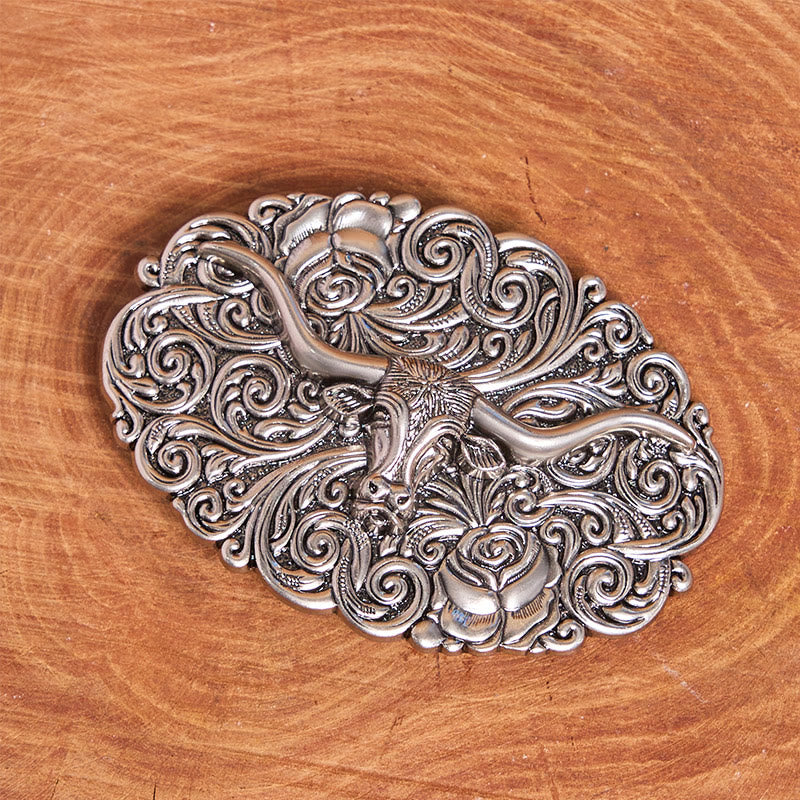 Ceinture en cuir pour homme avec boucle en cuir sculptée à motif floral et tête de taureau - image 1