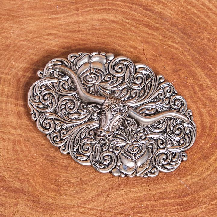Ceinture en cuir pour homme avec boucle en cuir sculptée à motif floral et tête de taureau - image 1