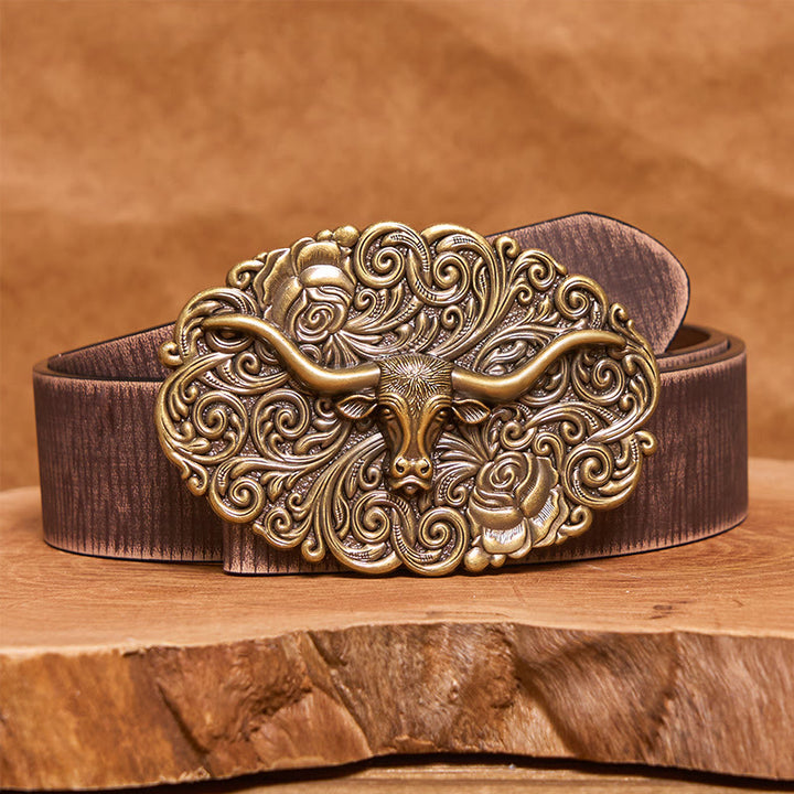 Ceinture en cuir pour homme avec boucle en cuir sculptée à motif floral et tête de taureau - Bronze - Ceinture marron vieillie - 42 - image 13
