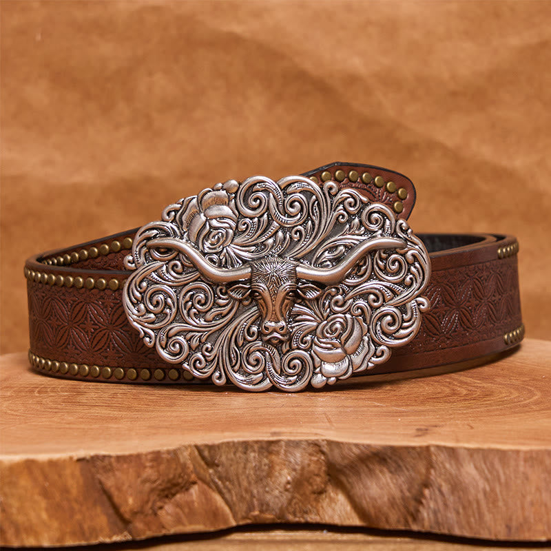 Ceinture en cuir pour homme avec boucle en cuir sculptée à motif floral et tête de taureau - Argent - Ceinture à rivets marron - 42 - image 4