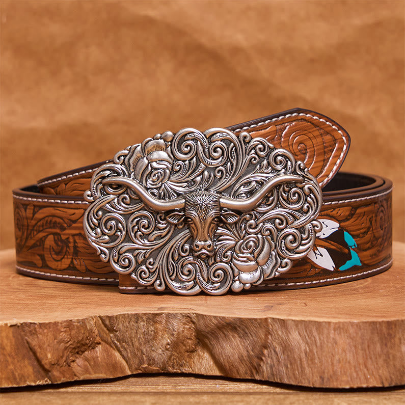 Ceinture en cuir pour homme avec boucle en cuir sculptée à motif floral et tête de taureau - Argent - Ceinture de plumes brunes - 40 - image 7