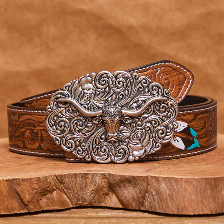 Ceinture en cuir pour homme avec boucle en cuir sculptée à motif floral et tête de taureau - Argent - Ceinture de plumes brunes - 40 - image 7