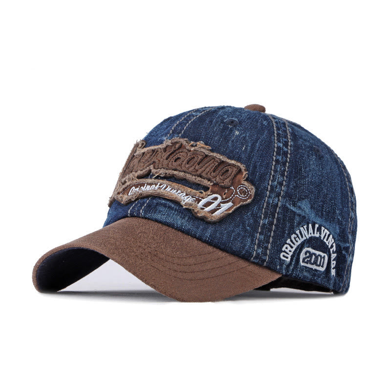 Casquette de baseball vintage en denim délavé et patchwork de daim - Bleu foncé - M (22''-22 7/8") - image 0