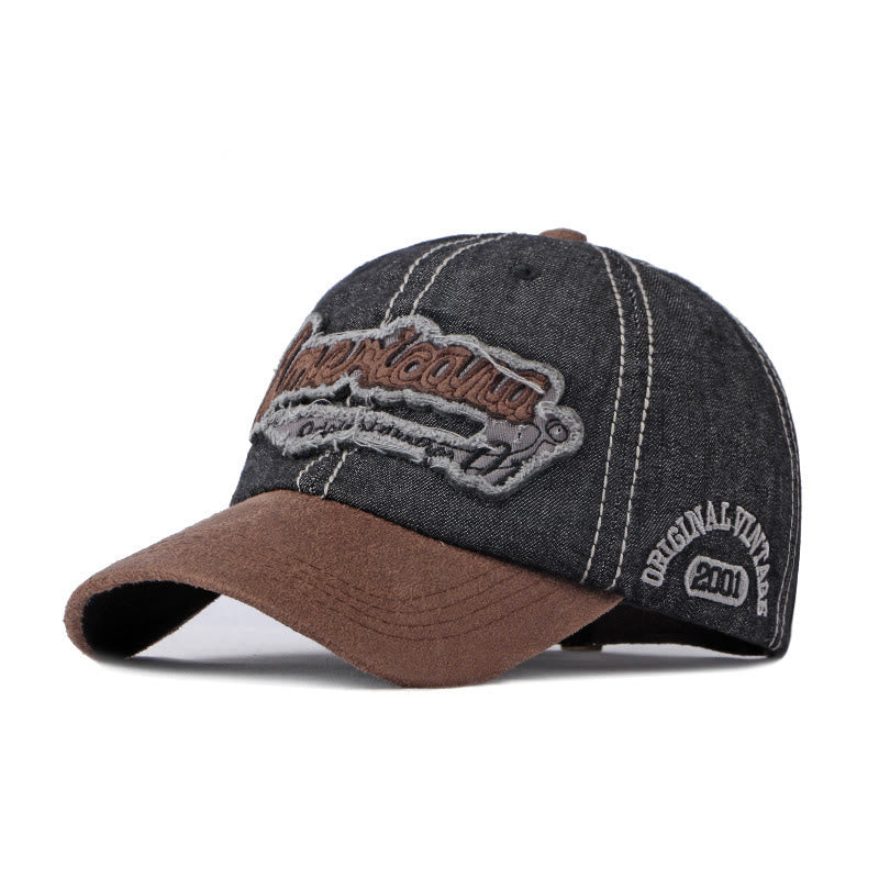 Casquette de baseball vintage en denim délavé et patchwork de daim - Noir - M (22''-22 7/8") - image 1