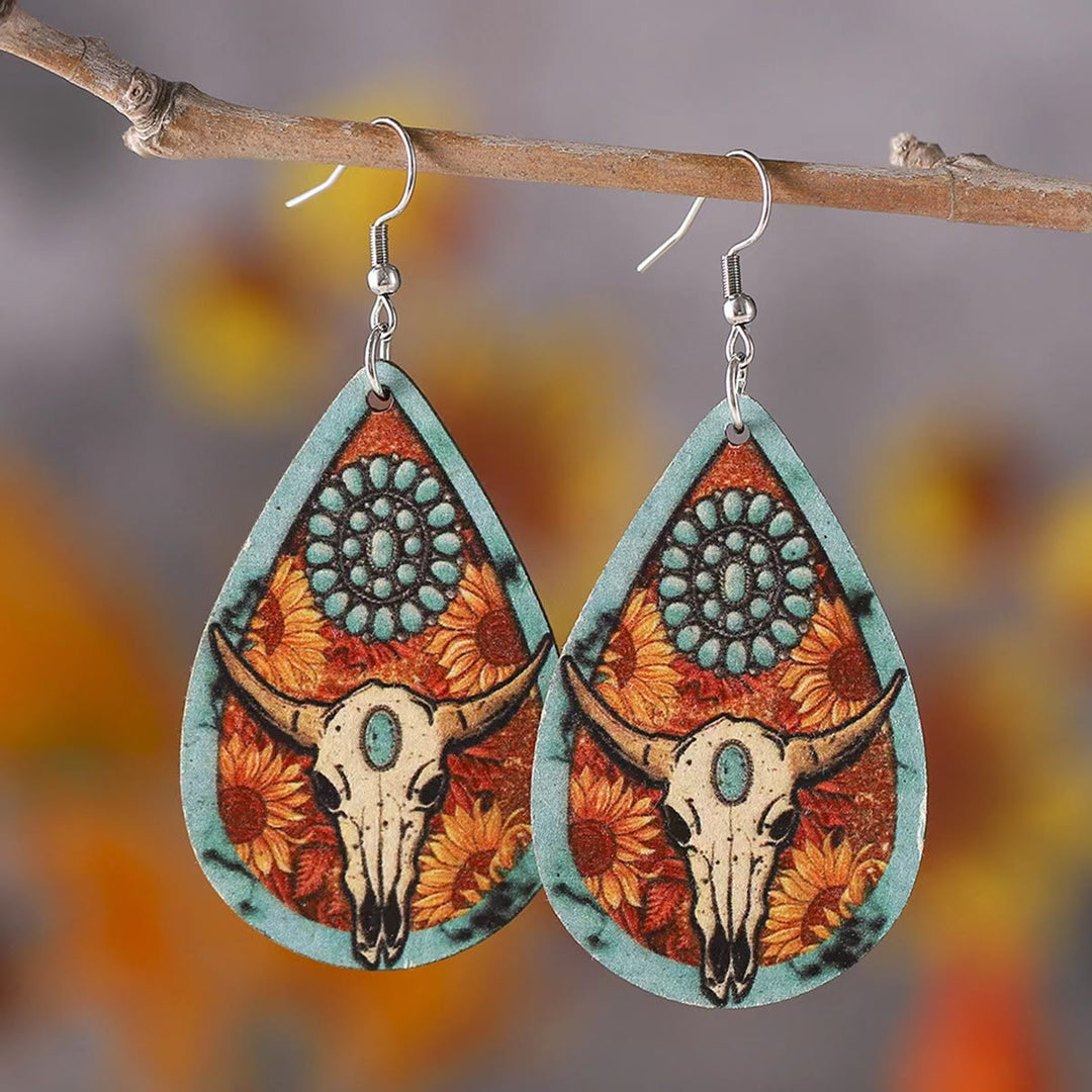 Boucles d'oreilles en bois en forme de goutte d'eau avec tête de taureau de style occidental - Tête de taureau - image 0