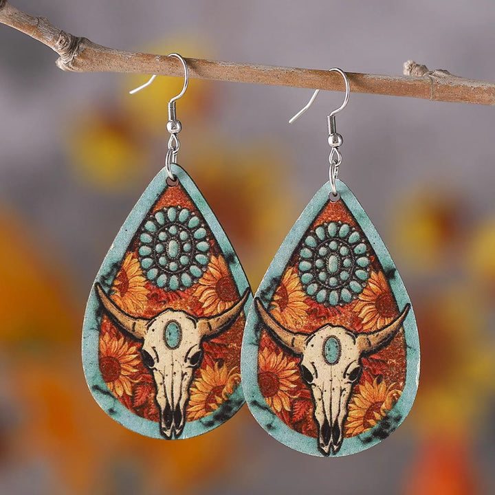 Boucles d'oreilles en bois en forme de goutte d'eau avec tête de taureau de style occidental - Tête de taureau - image 0