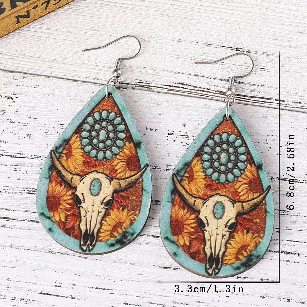 Boucles d'oreilles en bois en forme de goutte d'eau avec tête de taureau de style occidental - image 2