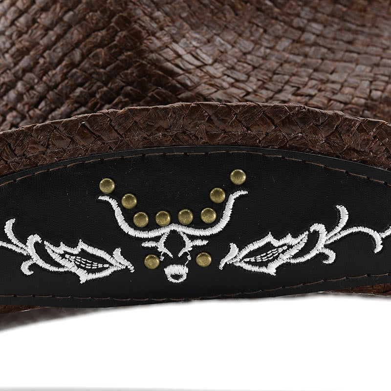 Chapeau de cowboy pour homme, style western tissé, orné d'un emblème de taureau et de clous. - image 6