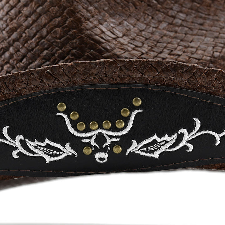 Chapeau de cowboy pour homme, style western tissé, orné d'un emblème de taureau et de clous. - image 6