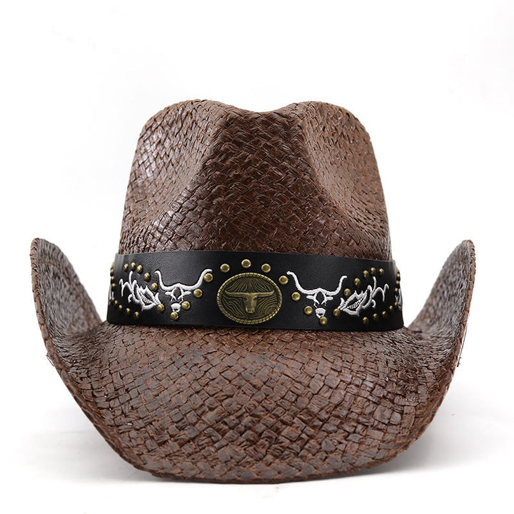 Chapeau de cowboy pour homme, style western tissé, orné d'un emblème de taureau et de clous. - image 1