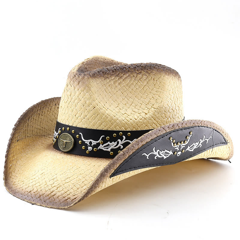 Chapeau de cowboy pour homme, style western tissé, orné d'un emblème de taureau et de clous. - Blanc cassé - M (22"-22 7/8") - image 9