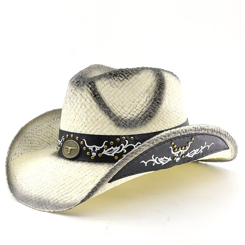 Chapeau de cowboy pour homme, style western tissé, orné d'un emblème de taureau et de clous. - Blanc - M (22"-22 7/8") - image 8