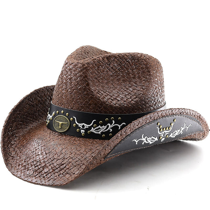 Chapeau de cowboy pour homme, style western tissé, orné d'un emblème de taureau et de clous. - Café - M (22"-22 7/8") - image 0