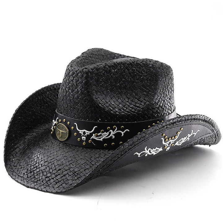 Chapeau de cowboy pour homme, style western tissé, orné d'un emblème de taureau et de clous. - Noir - M (22"-22 7/8") - image 7