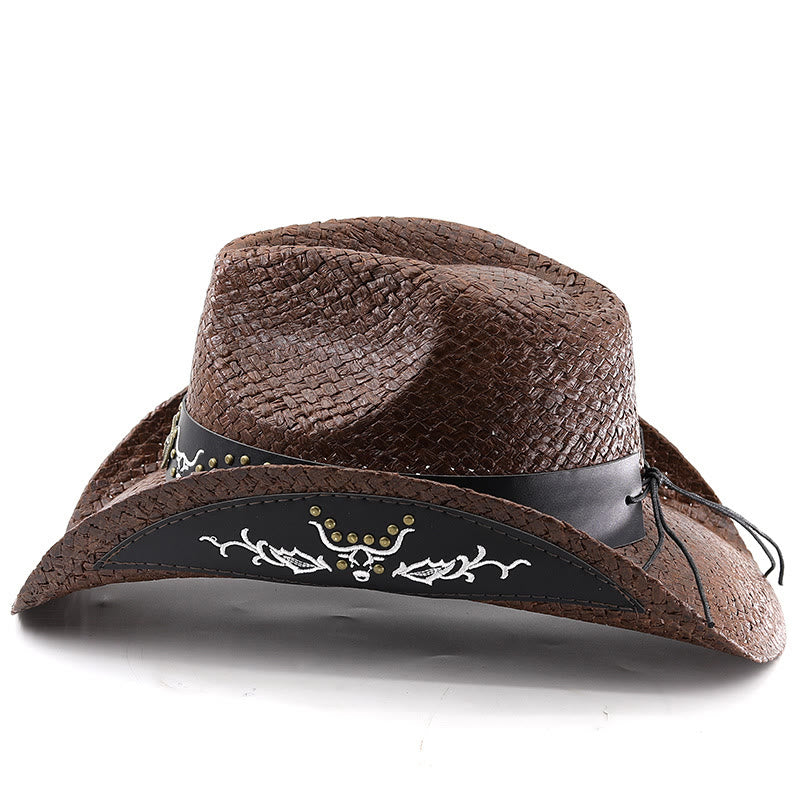 Chapeau de cowboy pour homme, style western tissé, orné d'un emblème de taureau et de clous. - image 2