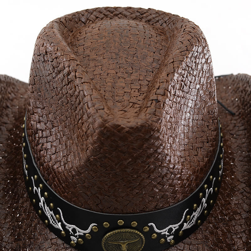 Chapeau de cowboy pour homme, style western tissé, orné d'un emblème de taureau et de clous. - image 4