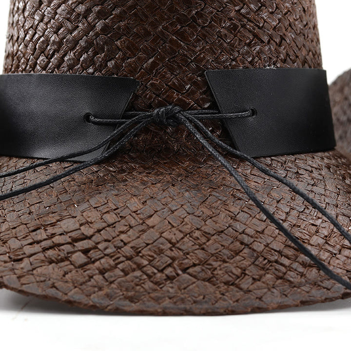 Chapeau de cowboy pour homme, style western tissé, orné d'un emblème de taureau et de clous. - image 5