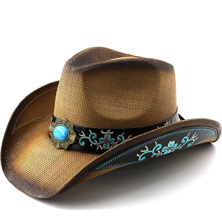 Chapeaux de cowboy tissés de style western avec bordure brodée turquoise - Kaki - M (22"-22 7/8") - image 0