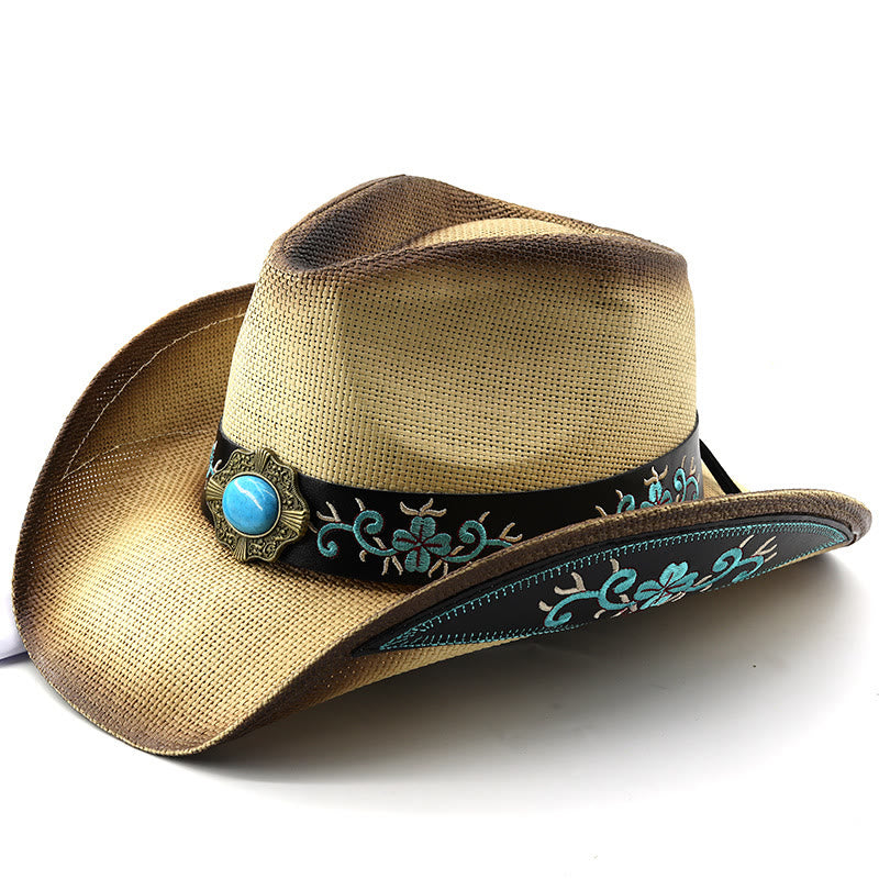 Chapeaux de cowboy tissés de style western avec bordure brodée turquoise - Blanc cassé - M (22"-22 7/8") - image 5