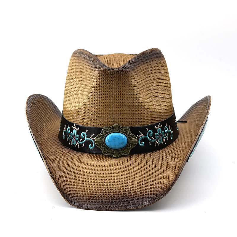 Chapeaux de cowboy tissés de style western avec bordure brodée turquoise - image 1