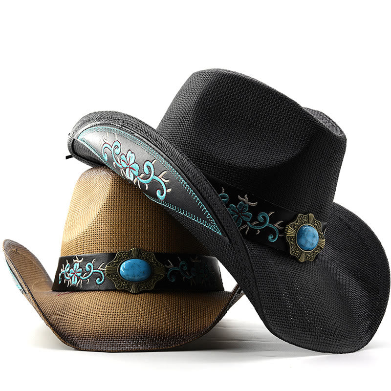 Chapeaux de cowboy tissés de style western avec bordure brodée turquoise - image 4