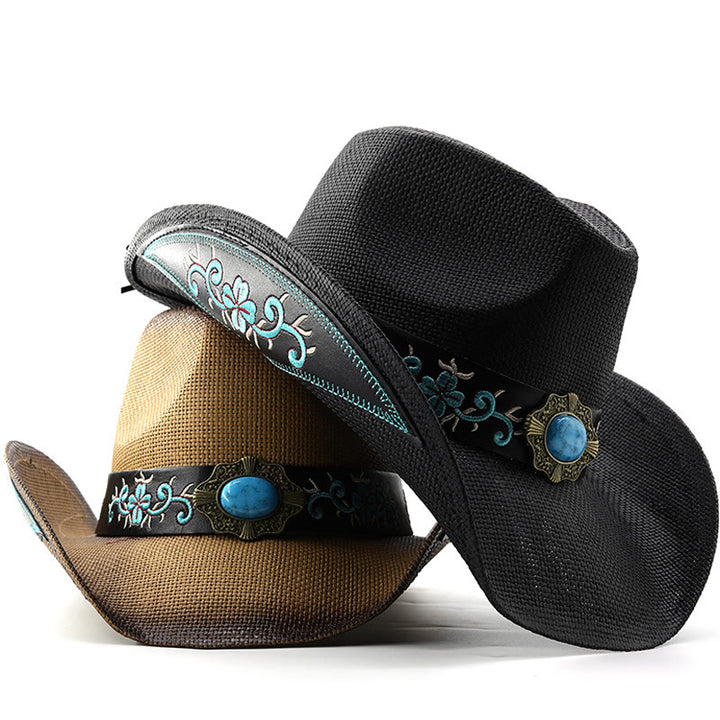 Chapeaux de cowboy tissés de style western avec bordure brodée turquoise - image 4
