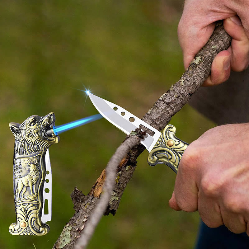 Couteau pliant 2 en 1 à tête de loup et briquet à butane - image 3