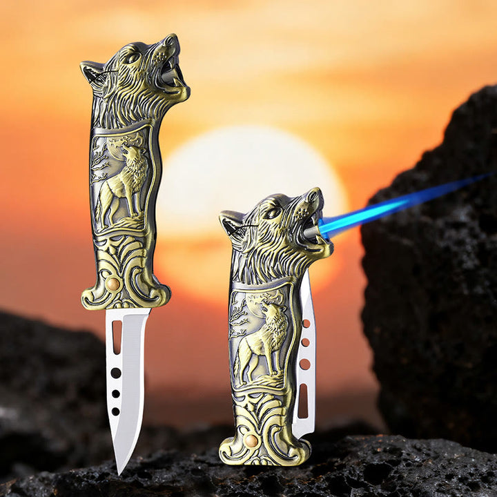 Couteau pliant 2 en 1 à tête de loup et briquet à butane - Bronze - image 5