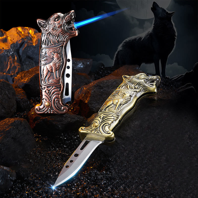 Couteau pliant 2 en 1 à tête de loup et briquet à butane - image 0