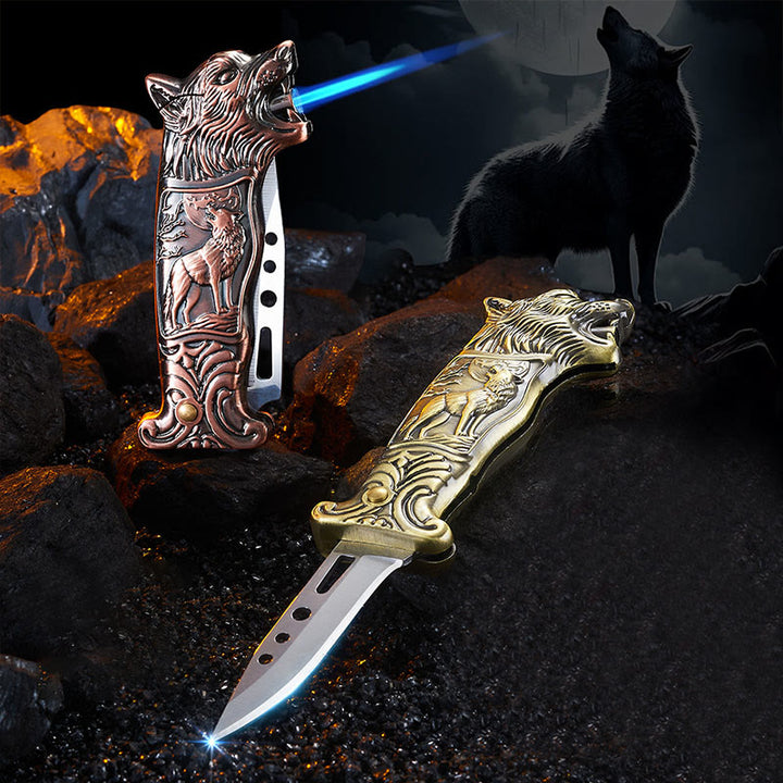 Couteau pliant 2 en 1 à tête de loup et briquet à butane - image 0